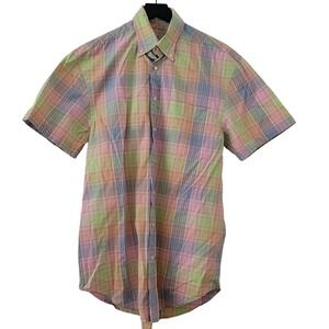 Peter Millar Button‎ Down Shirt M Multicolor Pastels Plaid Short Sleeve Pocket